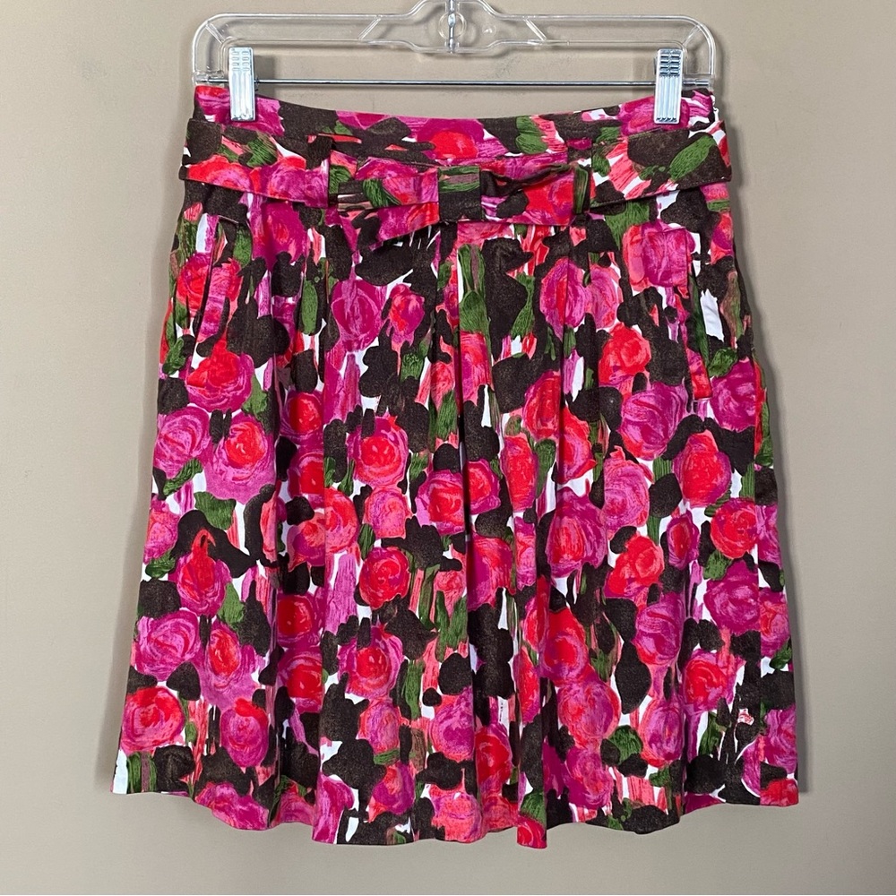 Pink and Brown Floral Rose Print Belted Skirt